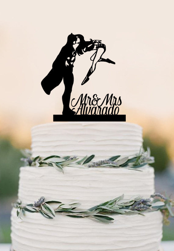 Wedding Cake Topper Silhouette Couple Mr & Mrs Personalized with Last Name , Super Hero and Super Woman cake topper