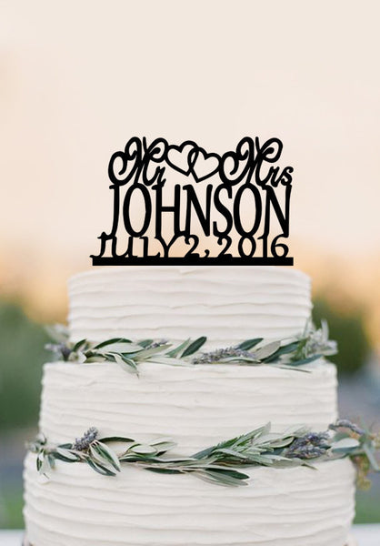 Modern Mr and Mrs Last Name Heart Wedding Cake Toppers with Date, Personalized Wedding Cake Topper, Custom Elegant Topper
