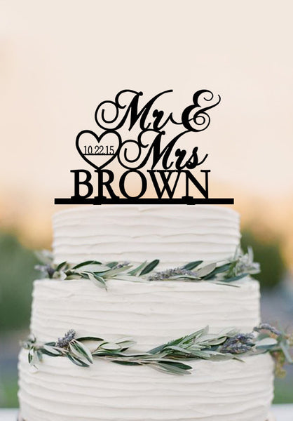 Custom Mr Mrs wedding cake topper, personalized topper, acrylic wedding decoration, heat and date cake topper