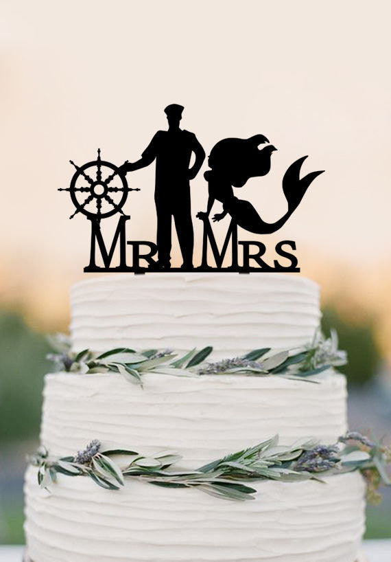 Mermaid and Captain Cake Topper with compass Mr and Mrs wedding cake topper Cake Topper Beach Wedding decor