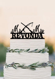 Shotgun and Fishing Reels Wedding Cake Topper with Gun wedding with Mr & Mrs Last Name