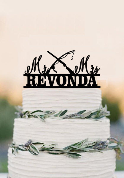 Shotgun and Fishing Reels Wedding Cake Topper with Gun wedding with Mr & Mrs Last Name