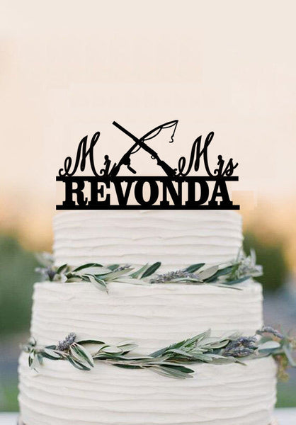 Shotgun and Fishing Reels Wedding Cake Topper with Gun wedding with Mr & Mrs Last Name