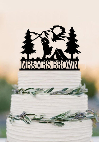 Tent and Mountains for the Bride and Groom Camper Mr and Mrs Wedding Cake Topper-Personalized Last Name