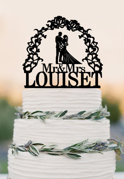 Custom Wedding Cake Topper Silhouette With Last Name Personalized Cake Topper for Groom & Bride, Mr Mrs