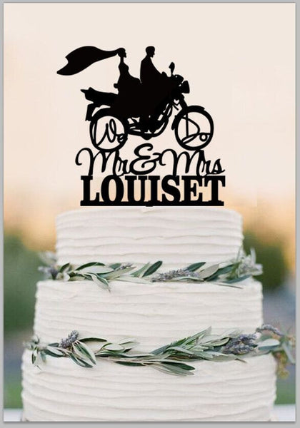 Mr And Mrs Wedding Cake Topper With Last Name,Bride And Groom On motorcycle Silhouette,Custom Cake Topper,Couple on Moto Cake Topper