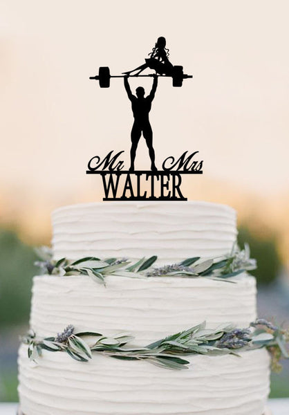Weight lifting Bride silhouette with Mr&Mrs Last name wedding cake topper decoration gift Funny