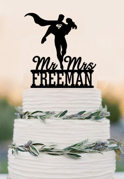Superhero Wedding Cake Topper Bride and Groom Wedding Cake Topper Unique Wedding Cake Topper,Funny cake topper With Last Name