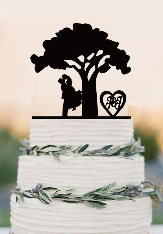 Personalized wedding cake topper,tree wedding, bride and groom with heart initials