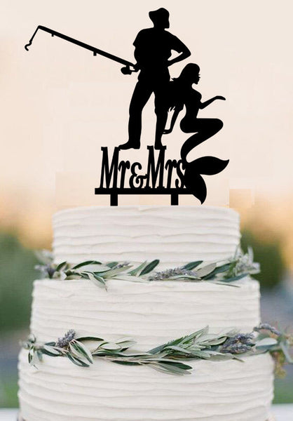 Destination Beach Wedding/ Fisherman and Mermaid /Hooked on Love cake topper/ Custom Wedding Cake Topper/ Acrylic party decoration