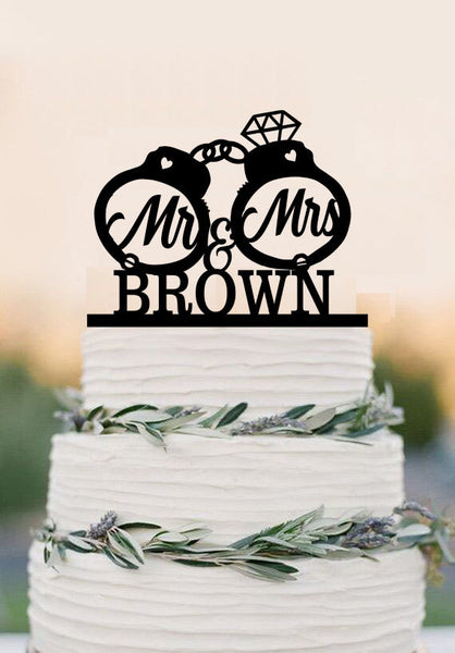 Custom Wedding Cake Topper, handcuffs and names, Custom Last Name Diamond Cake Topper