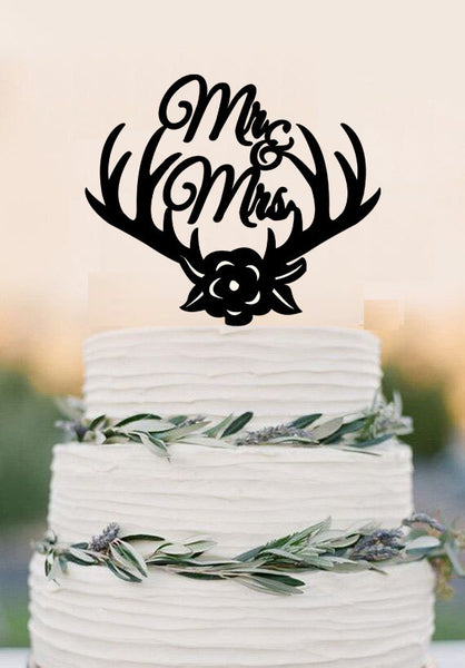 Wedding Cake Topper Deer Antlers Mr Mrs Cake Topper Rose Flowers Cake Topper