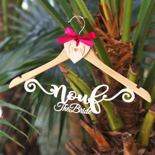 Personalized Wedding Hanger for bride groom, wooden initials heart dress hanger with name, rustic wedding, boho wedding, bridal hanger