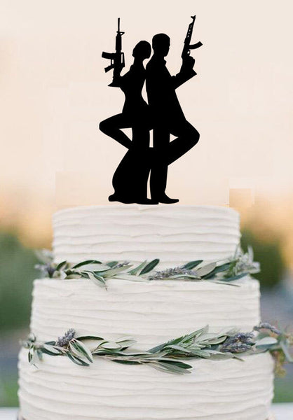 Gun Wedding cake topper, armed couple cake topper, wedding party decoration, acrylic spy cake topper
