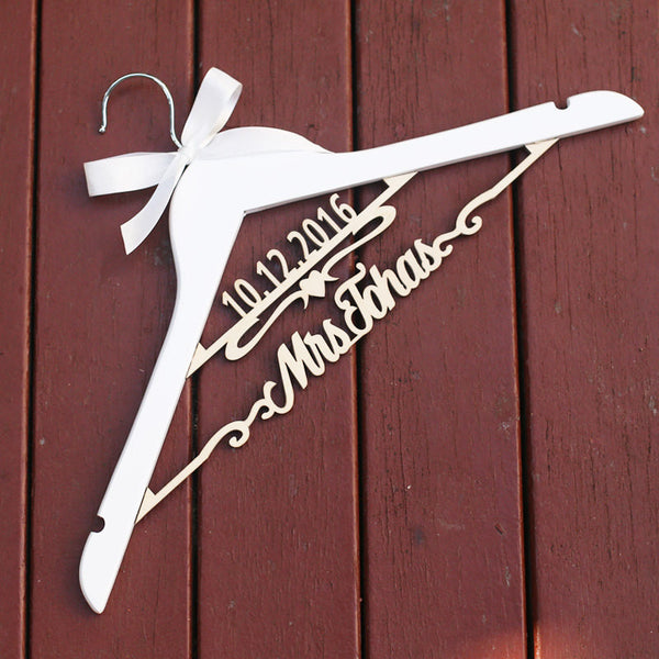 Wood wedding dress hanger for bride bridesmaid, custom wedding hanger with name and date, bridal shower gifts, wedding hanger with bow, personalized name hanger