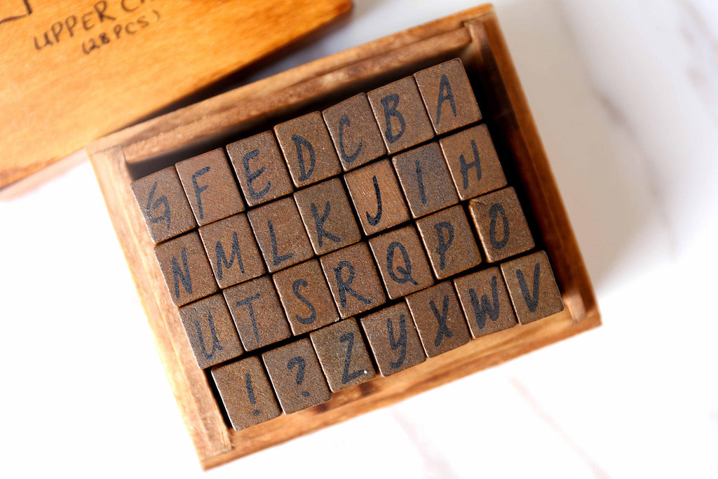 Vintage Alphabet Stamp Set / Wood Rubber Stamp /Clay Stamp /Box uppercase handwritten Alphabet stamps box/