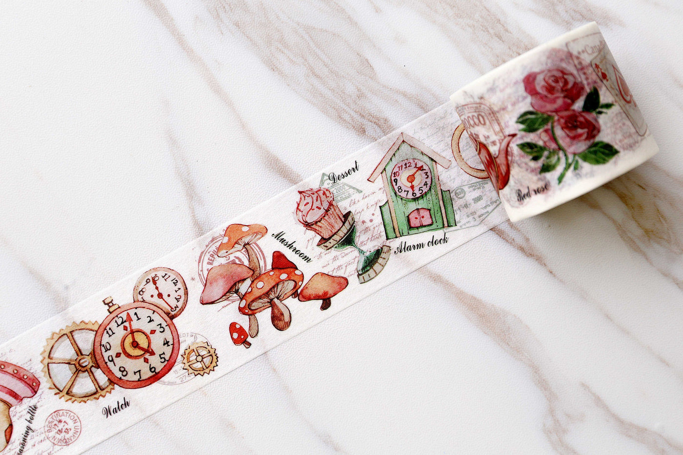 Alice's Dream Washi Tape/  Rose  Washi Tapes/Japanese washi Tape/ clock and mushroom washi tape/tea party washi tape