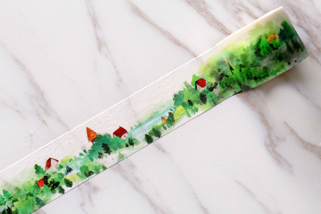 green mountain tape / Hills washi tape/ Spring Nature tree/Leaves Landscape/Green village Watercolor fairy tale Landscape