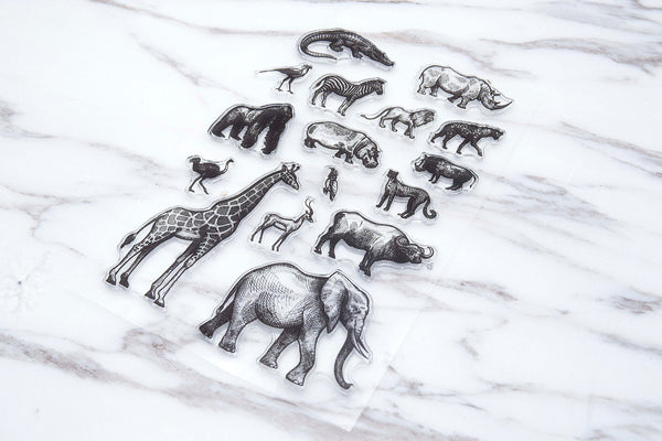 Animal Kingdom Stamp/Realistic Handdrawn Animals Stamp/Zoo Clear Transparent Stamp/ Planner Bullet Journal, Elephant, Giraffe, Rhino,Zebra