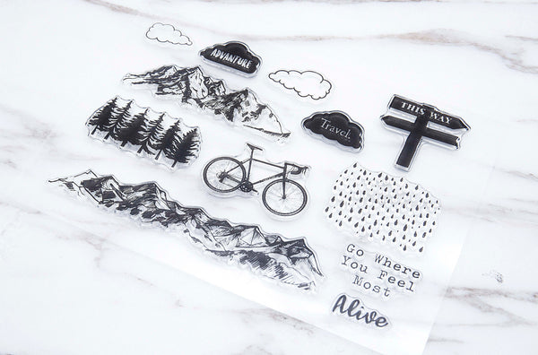 mountain forest  clear  Stamp/ mountain   Transparent Stamp/  Bicycle  Rubber Stamp/adventure clear stamp /travel clear stamp