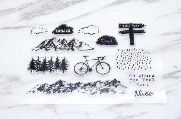 mountain forest  clear  Stamp/ mountain   Transparent Stamp/  Bicycle  Rubber Stamp/adventure clear stamp /travel clear stamp