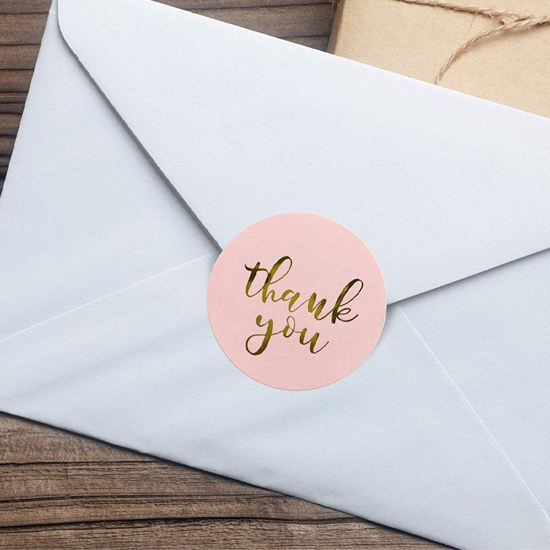 Thank you stickers/pink foiled sticker / black white kraft tape /gift wrapping thank you roll/ wedding thank you favor stickers