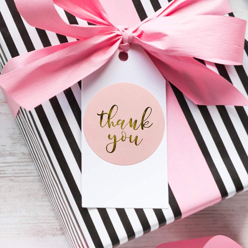 Thank you stickers/pink foiled sticker / black white kraft tape /gift wrapping thank you roll/ wedding thank you favor stickers