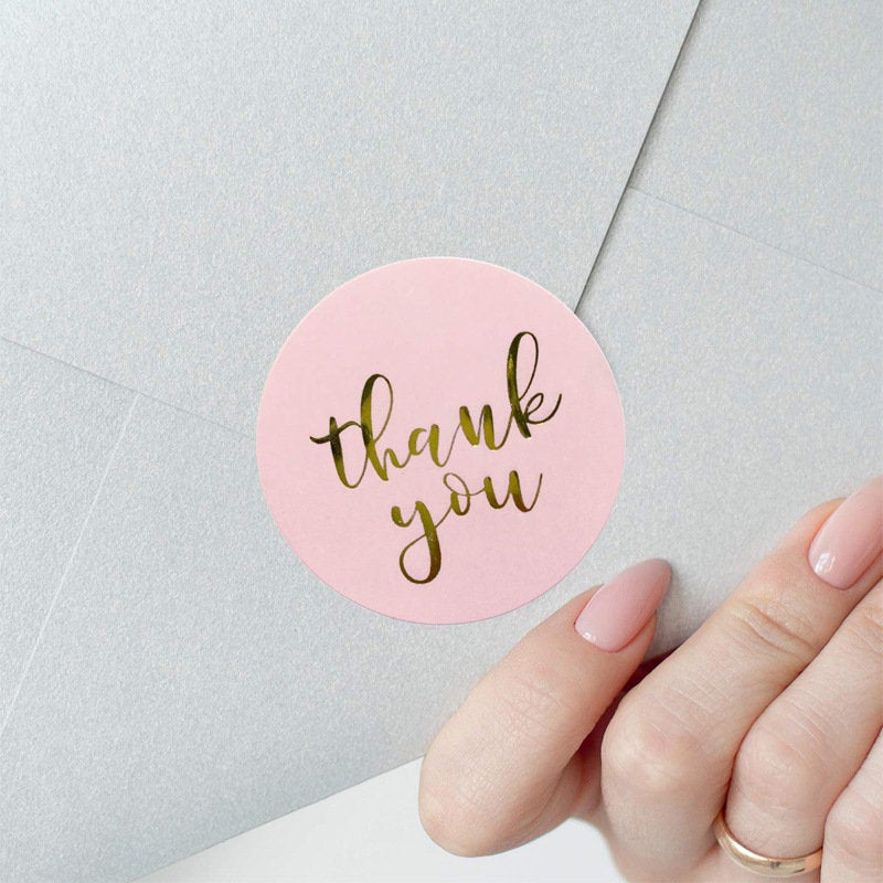 Thank you stickers/pink foiled sticker / black white kraft tape /gift wrapping thank you roll/ wedding thank you favor stickers