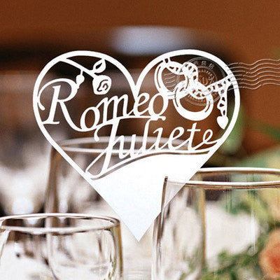 Pack of 50 laser cut Romeo and Juliet table name cards for wedding party glass of Confetti decoration