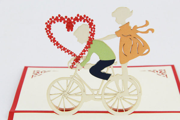 Love bicycle boy and girl heart  pop up card  greeting card