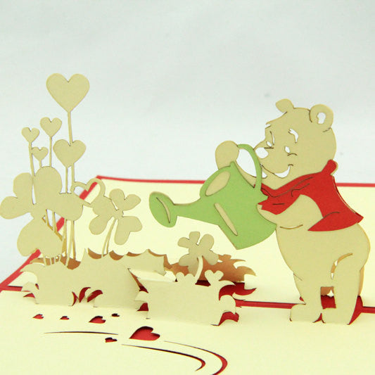Bear  in Pop up card greeting card  3d gift card watering flower cartoon
