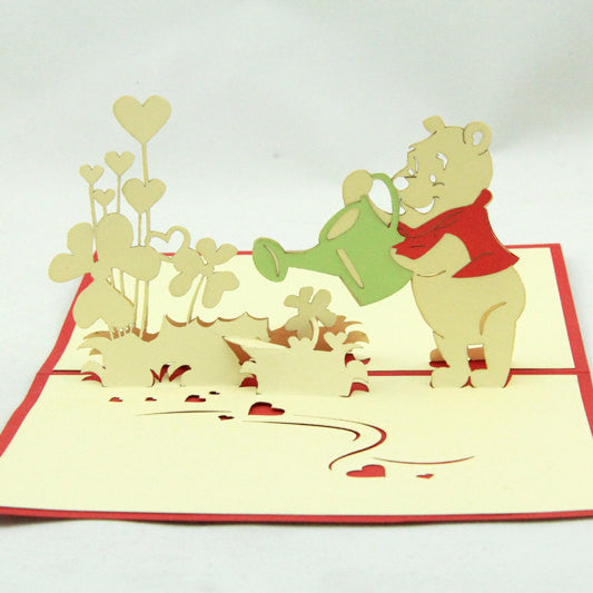 Bear  in Pop up card greeting card  3d gift card watering flower cartoon