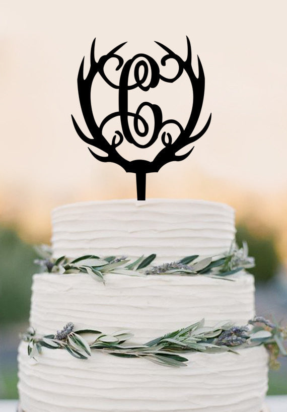 Personalized antlers monogram cake topper,hunting wedding cake topper,funny deer antlers cake topper , initial cake topper