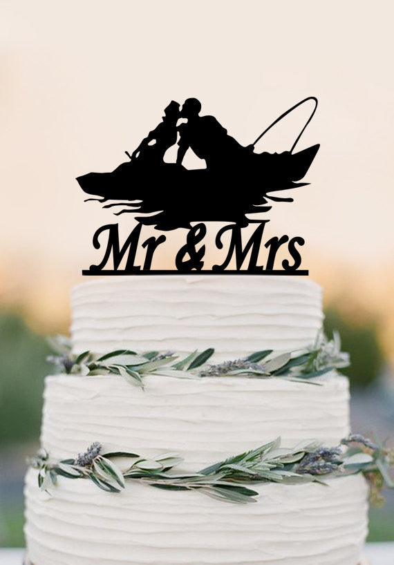 Mr and Mrs wedding cake topper,fishing couple in boat,wedding decoration