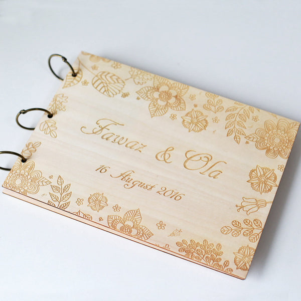 Flower Wedding Guest Book Rustic Guestbook Wooden GuestBook Notebook Country flower Wedding Decoration Laser Engraved