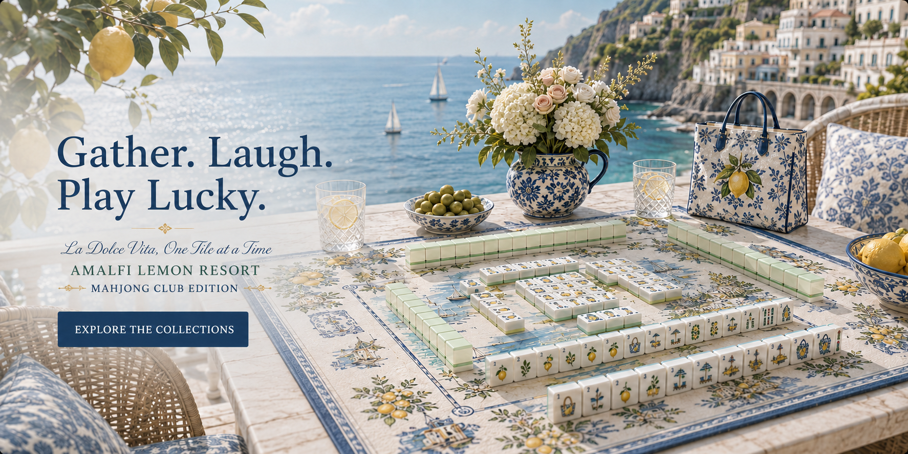 Coastal Mahjong table with flowers and ocean view
