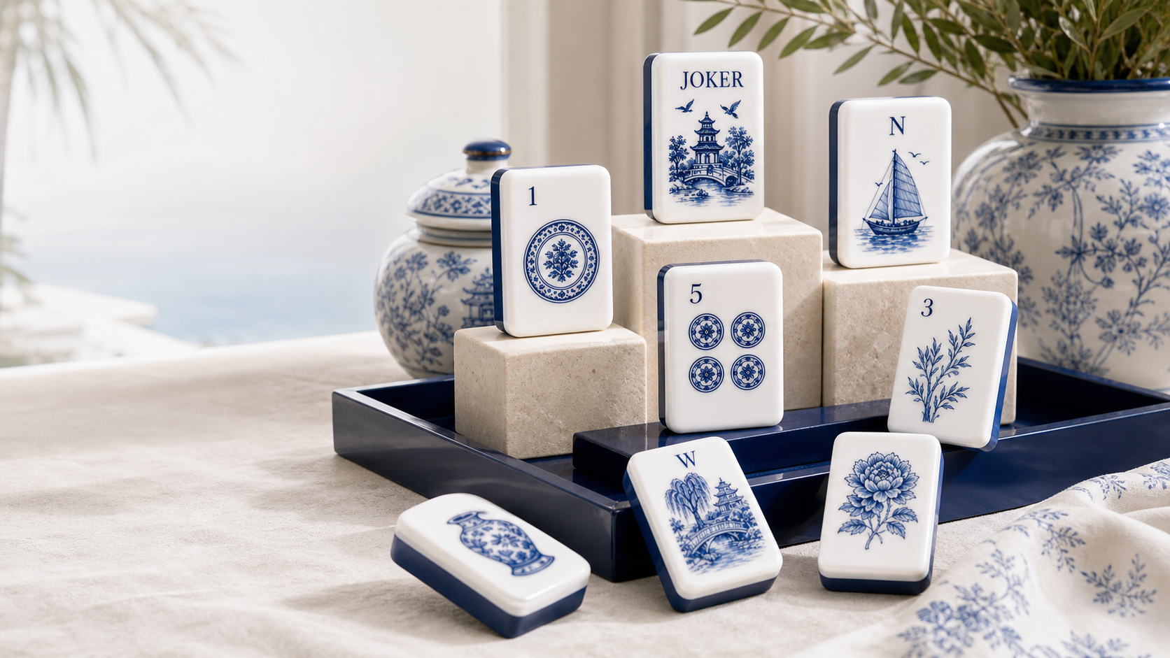 Blue and white chinoiserie Mahjong tiles on a navy tray